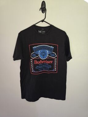 Budweiser Black Tee with Red and Blue Label Graphic